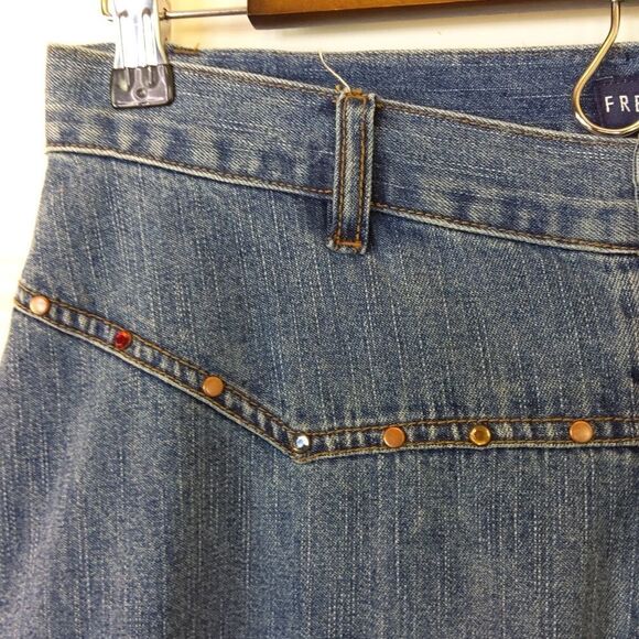 French Cuff blue denim maxi skirt with front split studs and rhinestones - Picture 5 of 12